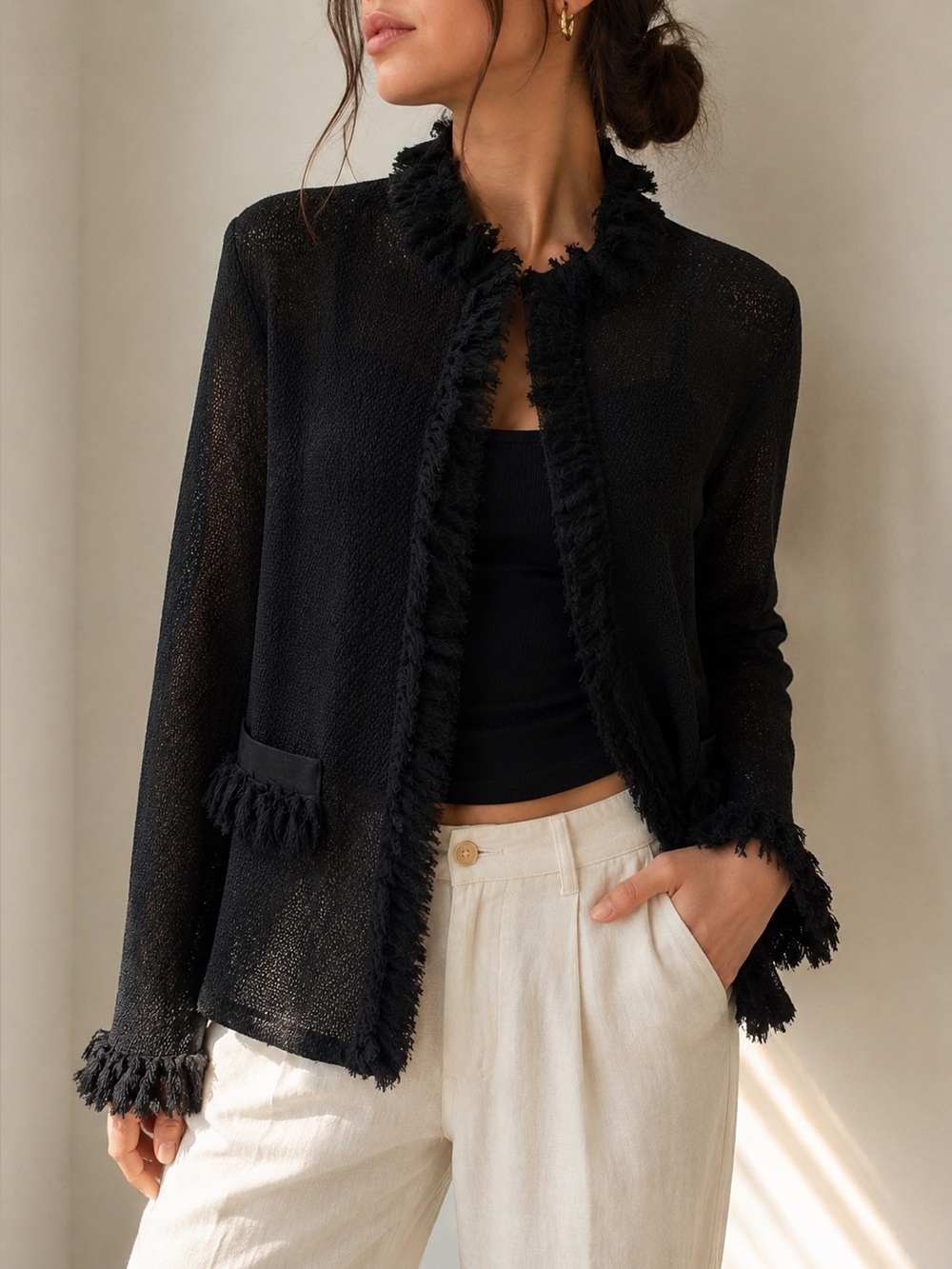 Vintage Exclusively Misook L Black Fringe Knit Jacket Made in Korea